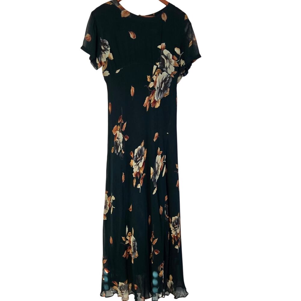90s Y2K All That Jazz Dark Green Autumn Floral Maxi Dress Rayon Empire Waist M